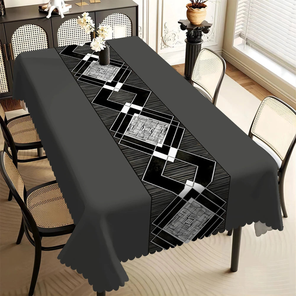 nappe table moderne géométrique noire blanche dentelée salon salle manger machine imperméable réutilisable polyester