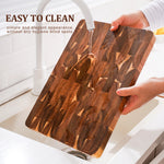 planches découper bois acacia marron motifs géométriques tomates persil oignon rouge moderne cuisine