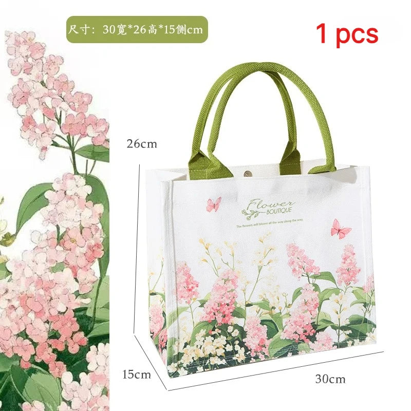 sac main toile fleurs blanc vert rose élégant réutilisable écologique poignées vertes