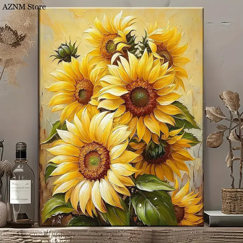 tableau floral tournesol jaune peinture toile classique deco maison sans cadre
