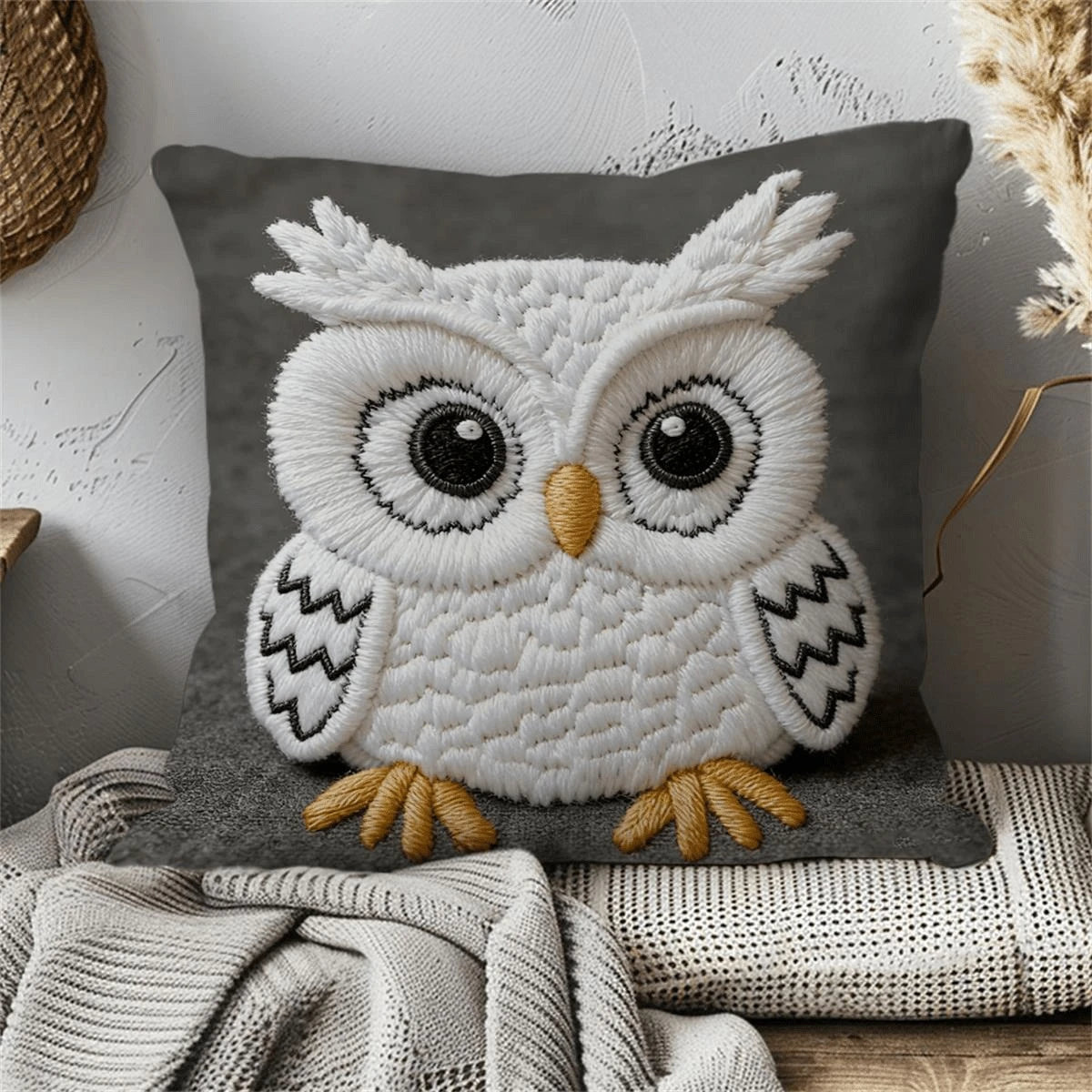 hibou relief coussin gris blanc orange rustique bohème decoratif texture laine coton
