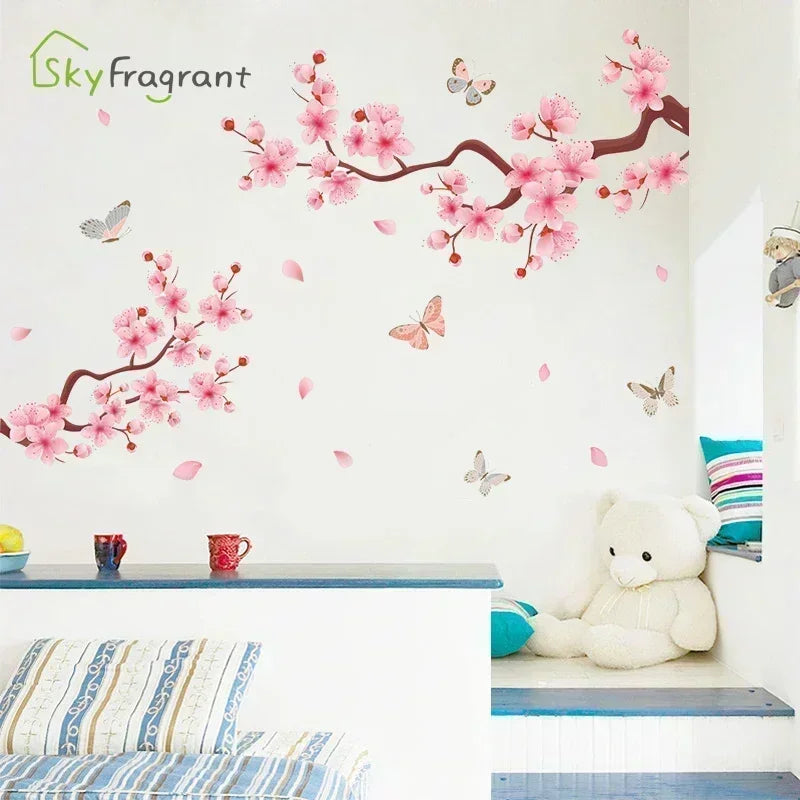 sticker mural fleurs cerisier papillons rose brun blanc adhésif moderne naturel decoration mur chambre