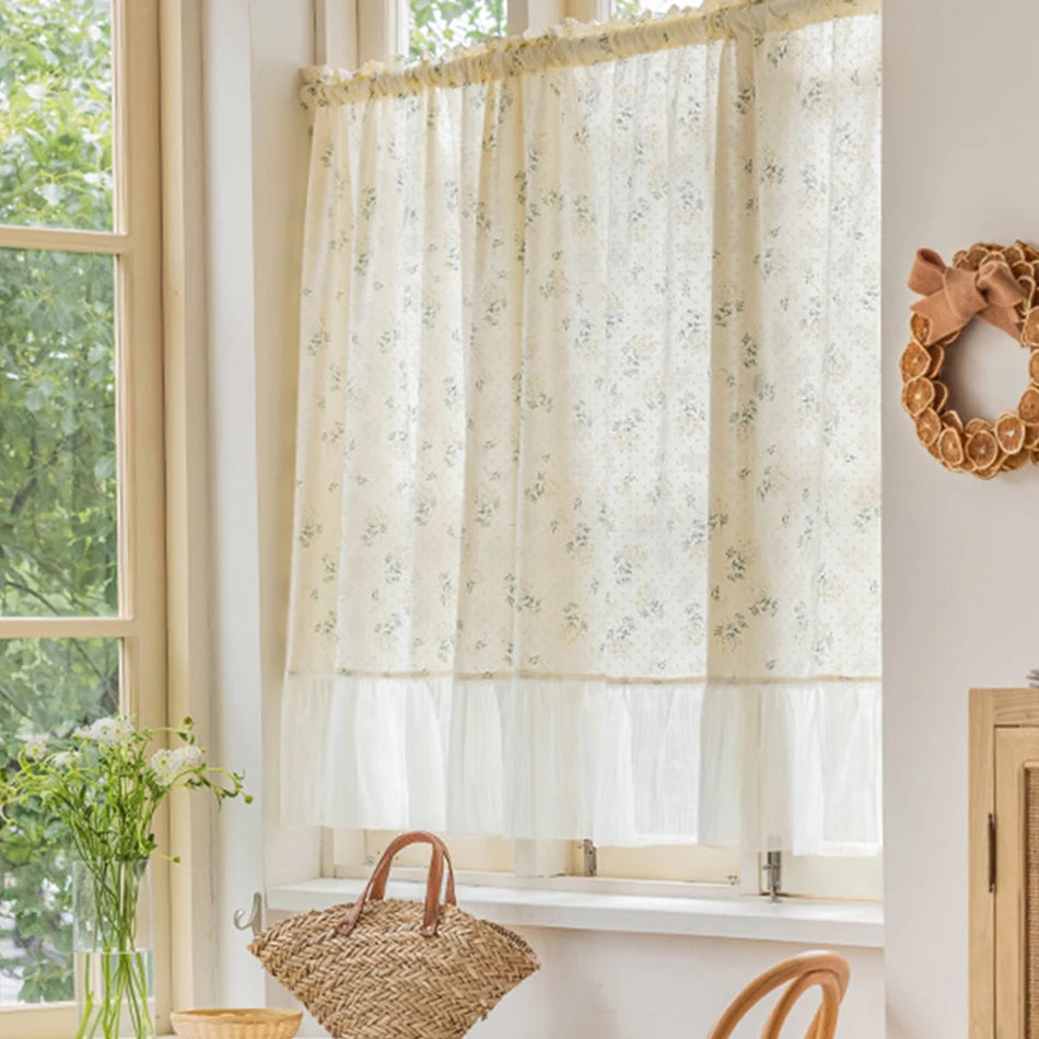 rideau voile coton beige blanc fleurs petites dentelle romantique translucide fenêtre salon cuisine maison