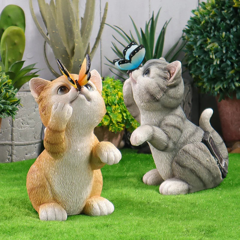 statues chat orange gris réalistes papillons extérieur résine durable decoration jardin enfant