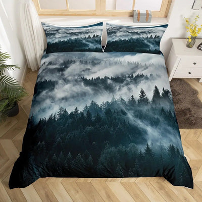 Housse de couette montagne fumée 3D sur lit double, motif botanique rustique