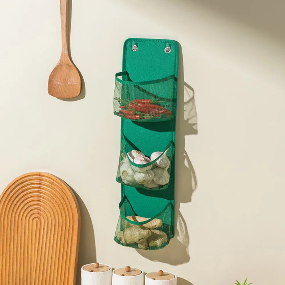 sac mural multi couches maille poignées compartiments rangement cuisine bain vert bleu gris moderne