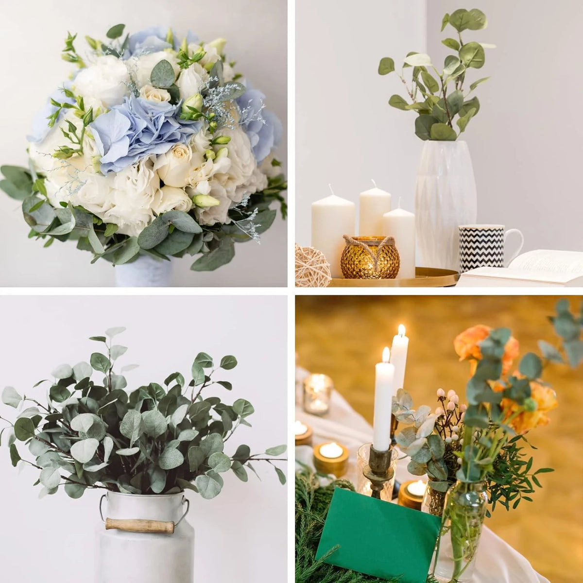 bouquet artificiel feuilles eucalyptus vert blanc moderne minimaliste extérieur mariage décoration table exposition festive