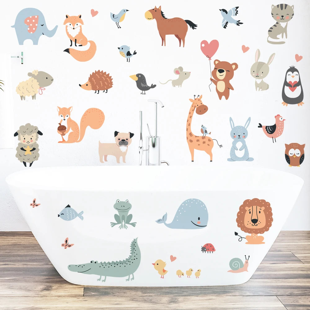 sticker mural animal dessin animé adhésif pvc bleu orange gris vert rose blanc mignon