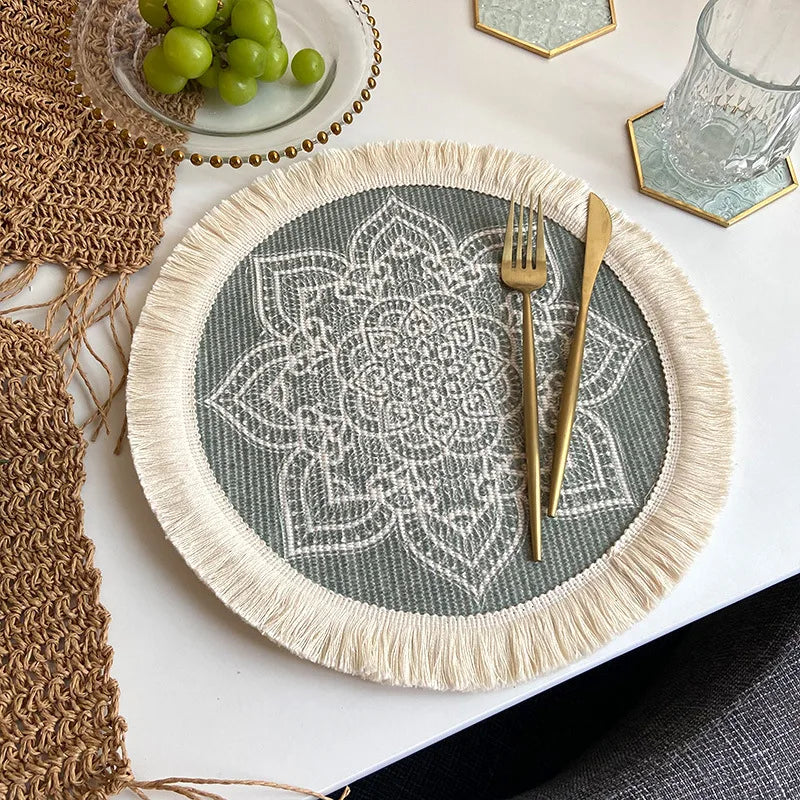 assiettes boho chic mandala feuilles points franges reutilisables antiderapantes isolation thermique respectueux environnement