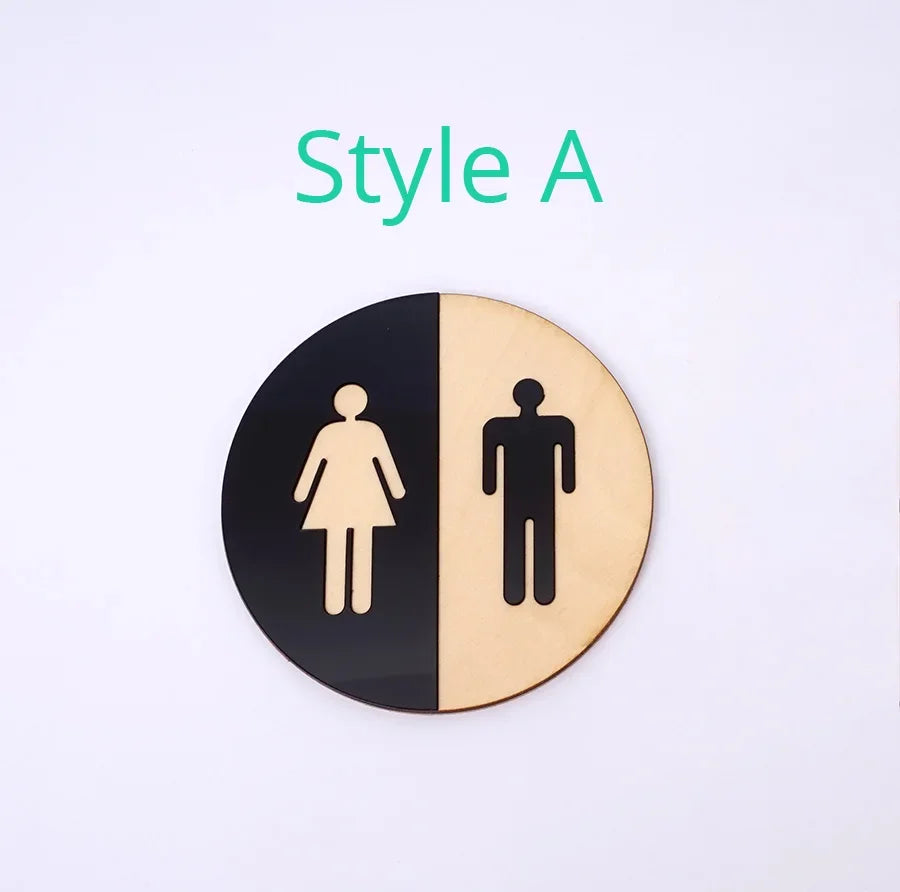 signalisation toilettes homme femme miroir bois adhésif moderne décoration salle bain rond noir minimaliste