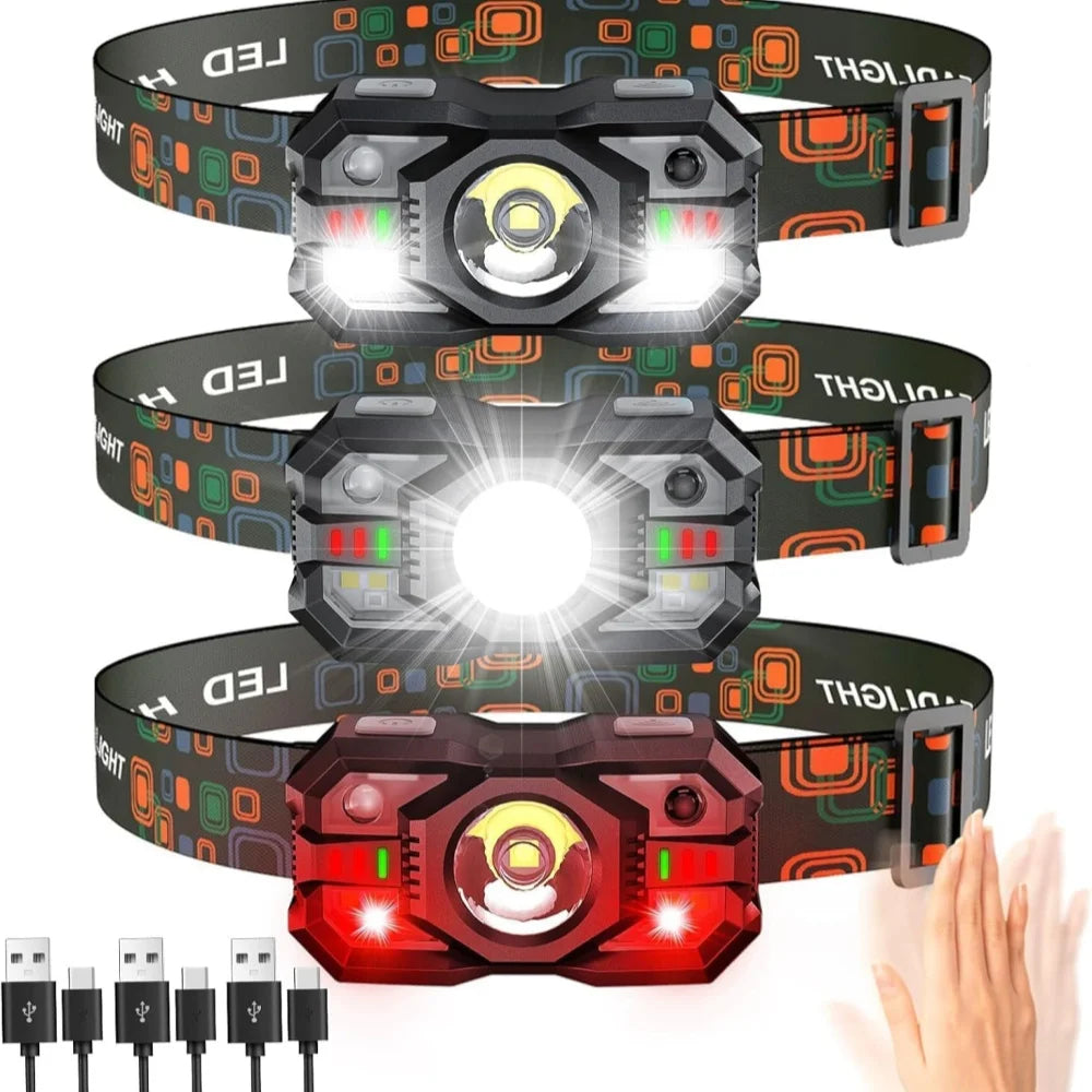 lampe frontale led rechargeable détecteur mouvement camping pêche lumière rouge super lumineuse sangle élastique