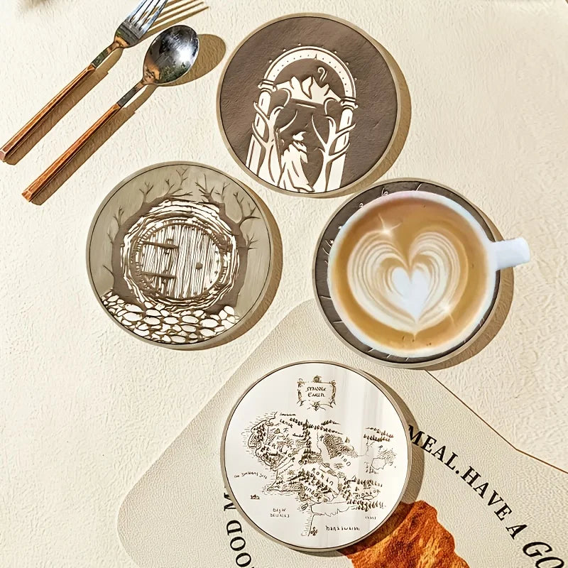 coasters bois marron clair gravés personnages arbre anneaux fantasy protection meuble