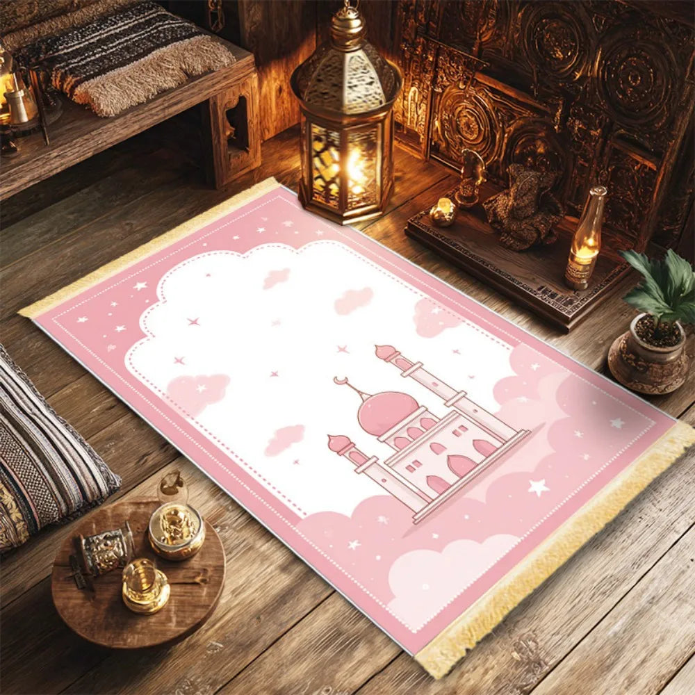 tapis prière islamique rose mosquée nuages étoiles polyester vinyle résistant décoration moderne usage multipleextérieurintérieur