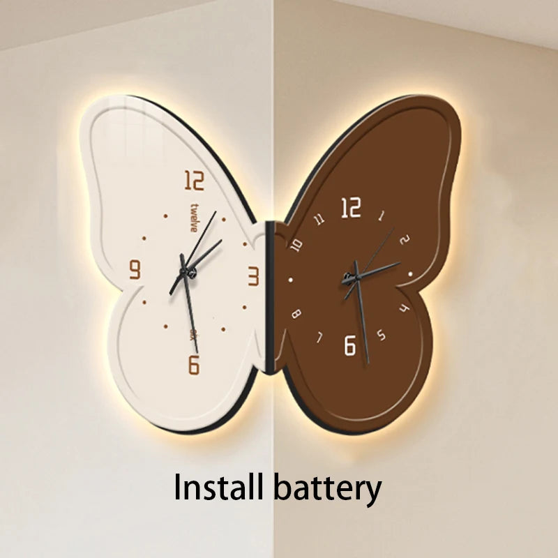 horloge murale moderne aiguille lumineuse papillon noir blanc salon résine