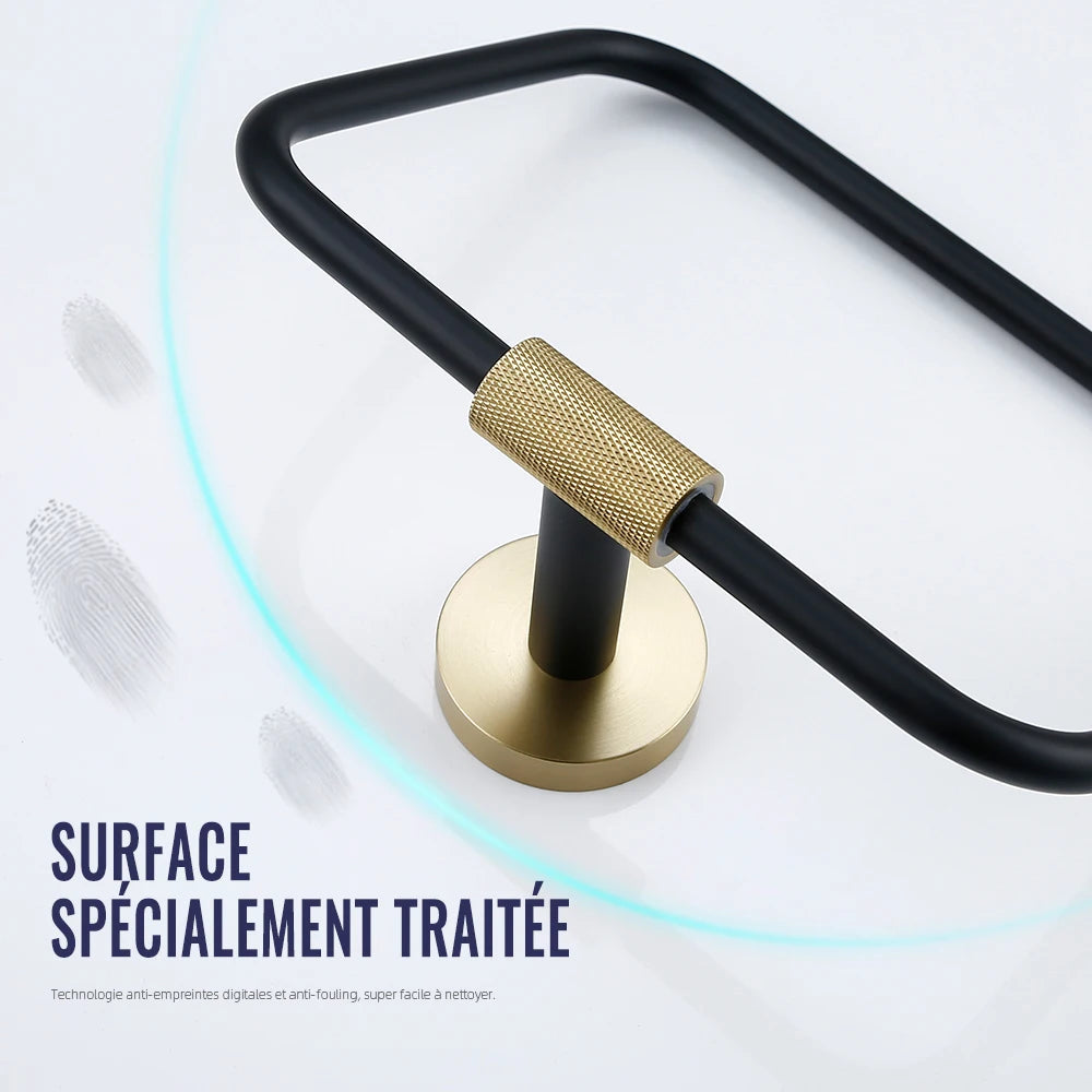 accessoires salle bains porte serviettes moderne porte savon noir doré texture moletée fixations élégants
