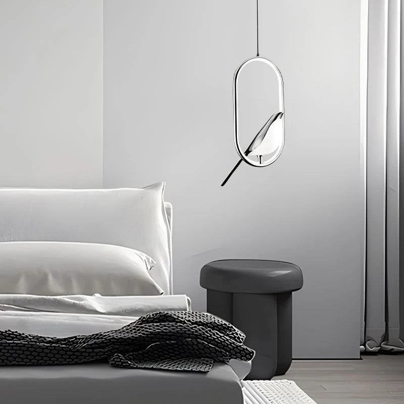 Suspension lumineuse ovale contemporaine oiseau noir doré salon chambre