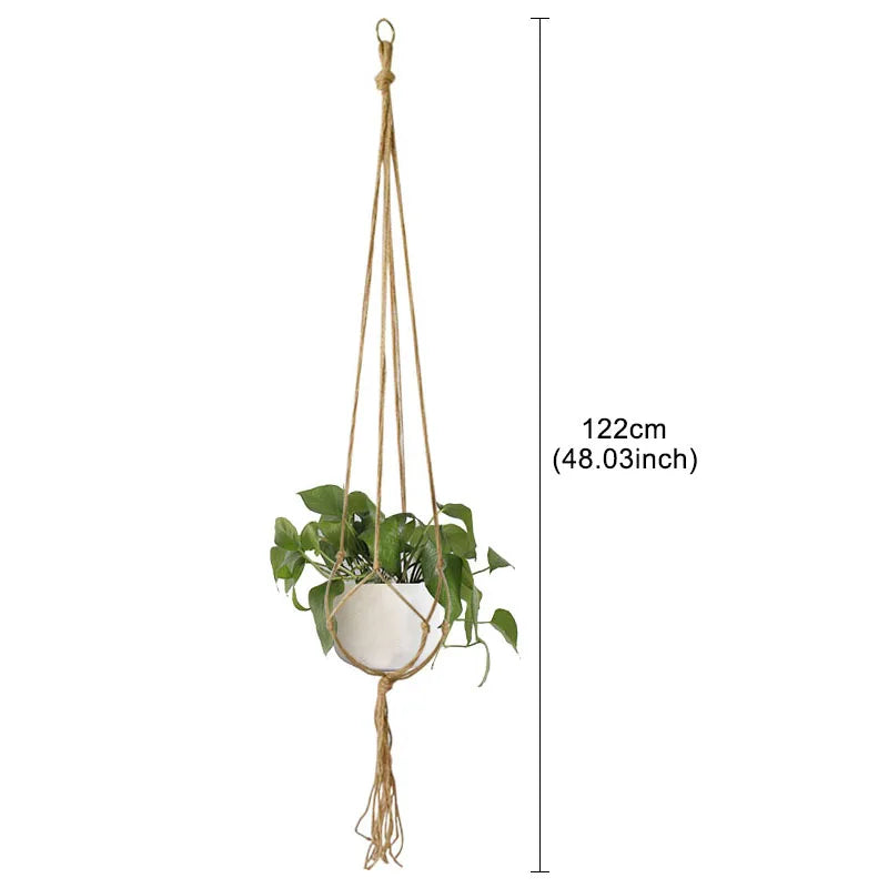 Support plante suspendue macramé boho rotin blanc orange anneaux métalliques