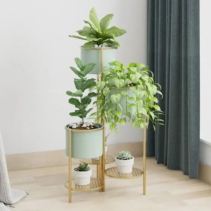 étagère plantes moderne or fer niveaux pots différents ajourées minimaliste