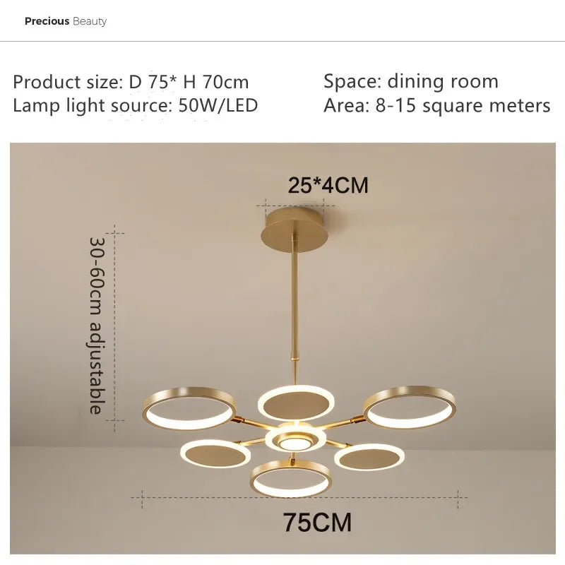 lustre suspendu moderne scandinave anneaux dorés luminaire salon luxe lumière chaude