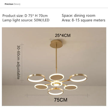 lustre suspendu moderne scandinave anneaux dorés luminaire salon luxe lumière chaude