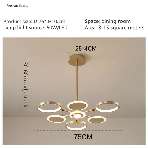 lustre suspendu moderne scandinave anneaux dorés luminaire salon luxe lumière chaude