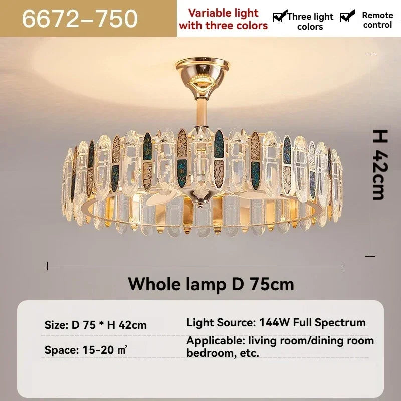 lampe suspendue moderne élégante cristal brillant télécommande dorée led fixée ventilateur