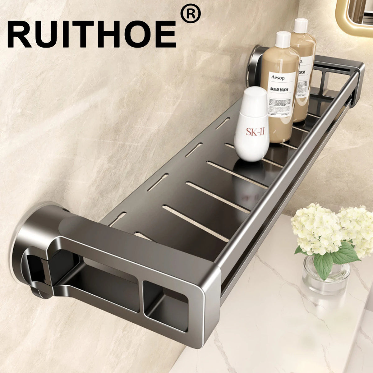 étagère salle bain ventouse aluminium moderne gris minimaliste porte serviette suction cachée