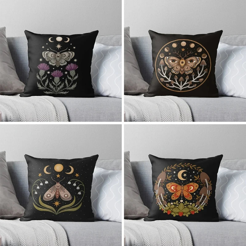 housse coussin carrée velours noir motif papillon fleur vintage décoration salon canapé 45x45