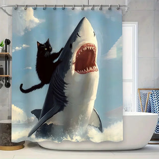 Rideau de douche chat noir chevauchant un requin - Décoration salle de bain unique