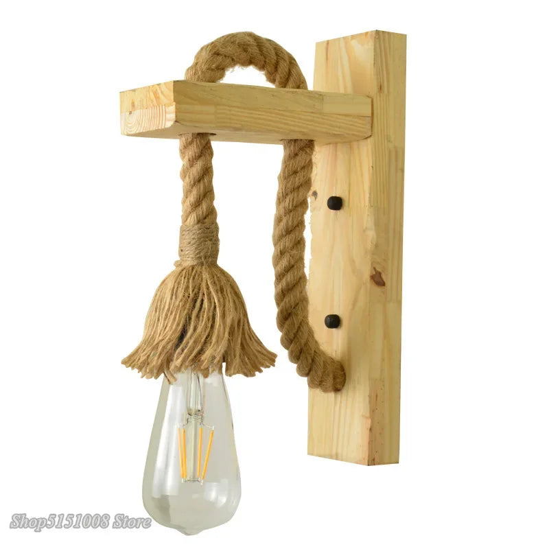 lampe murale rustique bois brut corde tressée ampoule transparente industrielle eyelets cuisine salle manger