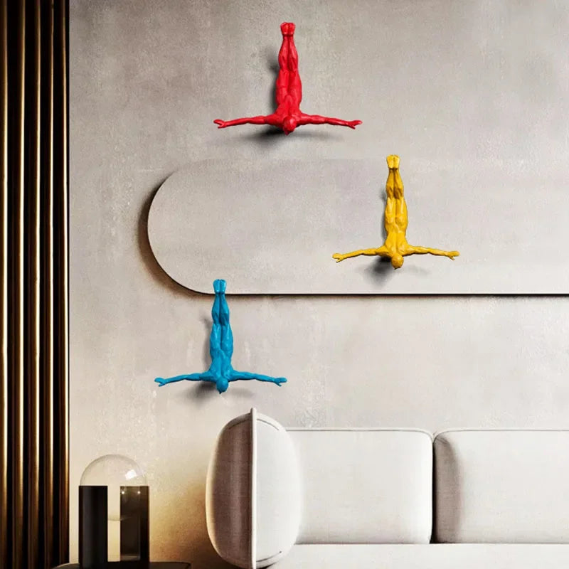 décoration contemporaine sculpture humaine rouge bleu jaune allongée fixations maison cadeau