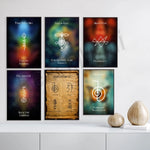 Affiche de collections d'art spirituelles mettant en vedette des symboles et des concepts ésotériques liés à la méditation, à l'énergie et à la prospérité.