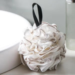 boule bain éponge nettoyage douce maille fine fluffy moderne rose clair vert anneaux noirs