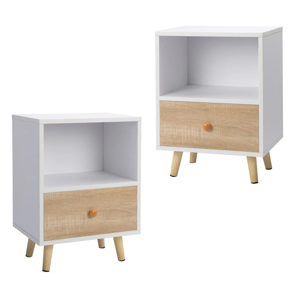 meuble chevet blanc moderne tiroir étagère ouverte imitation chêne pieds bois