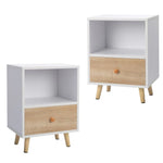 meuble chevet blanc moderne tiroir étagère ouverte imitation chêne pieds bois