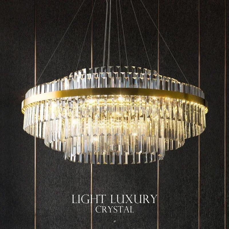 lustre moderne doré transparent géométrique luxueux câbles suspendus salon villa