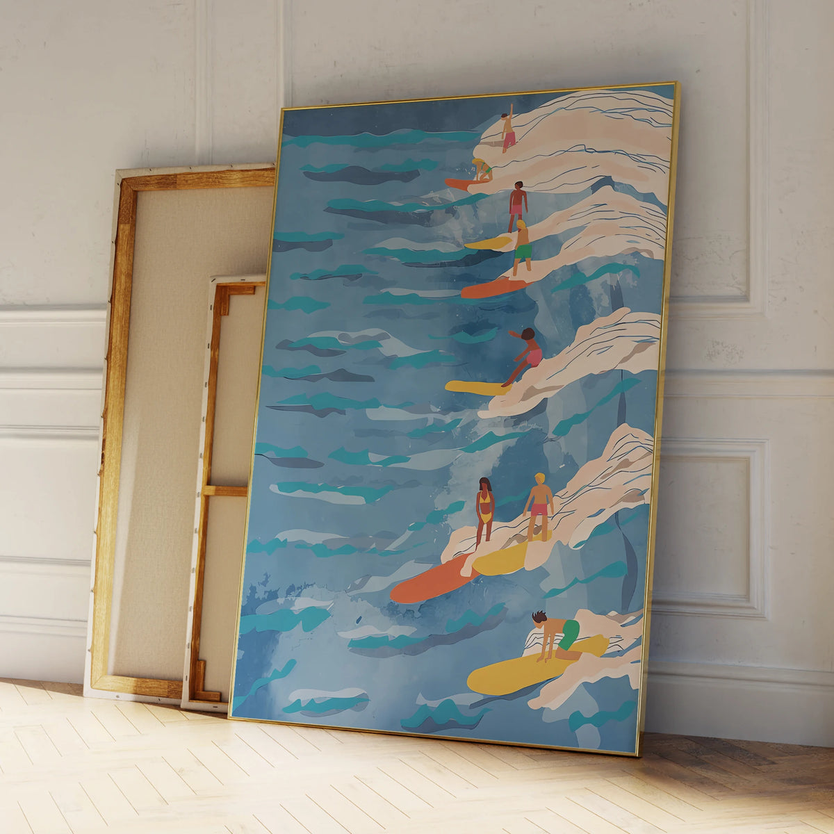 affiche moderne surf vagues bleues colorées chambre salon décoration mur illustration print:frame métal