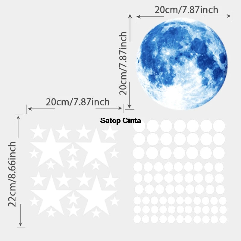 Stickers muraux étoiles lune points bleus verts blancs adhésifs chambre enfant décoration moderne glow