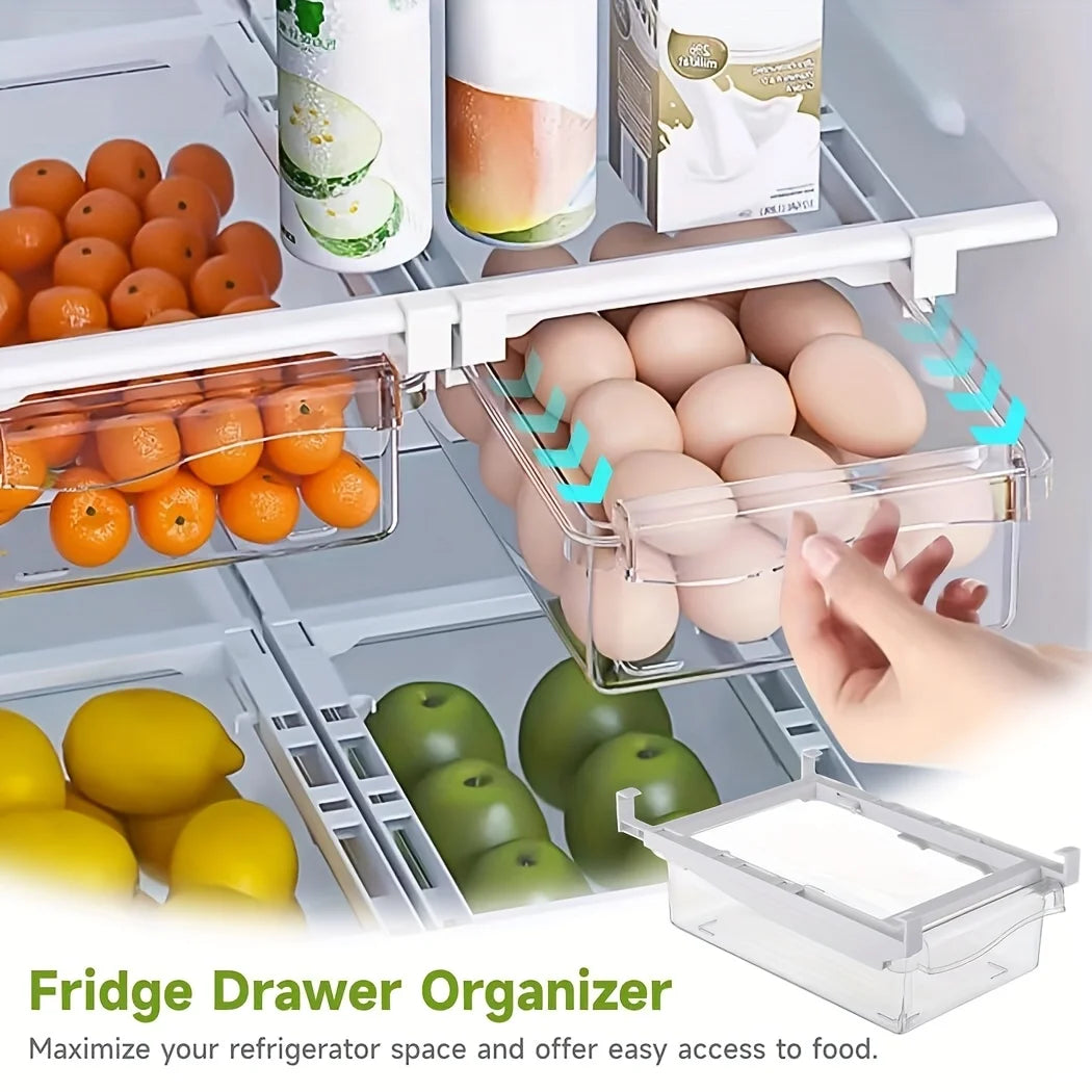 organisateur tiroir réfrigérateur transparent pliable poignée traction bords sécurisés bayonnet ajustable usage multiple moderne