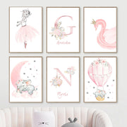 Poster personnalisé illustration douce chambre enfant danseuse monogramme animaux floral