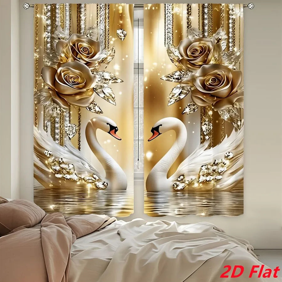 rideaux imprimés or blanc cygnes roses dorées modernes opaques salon 105x230cm