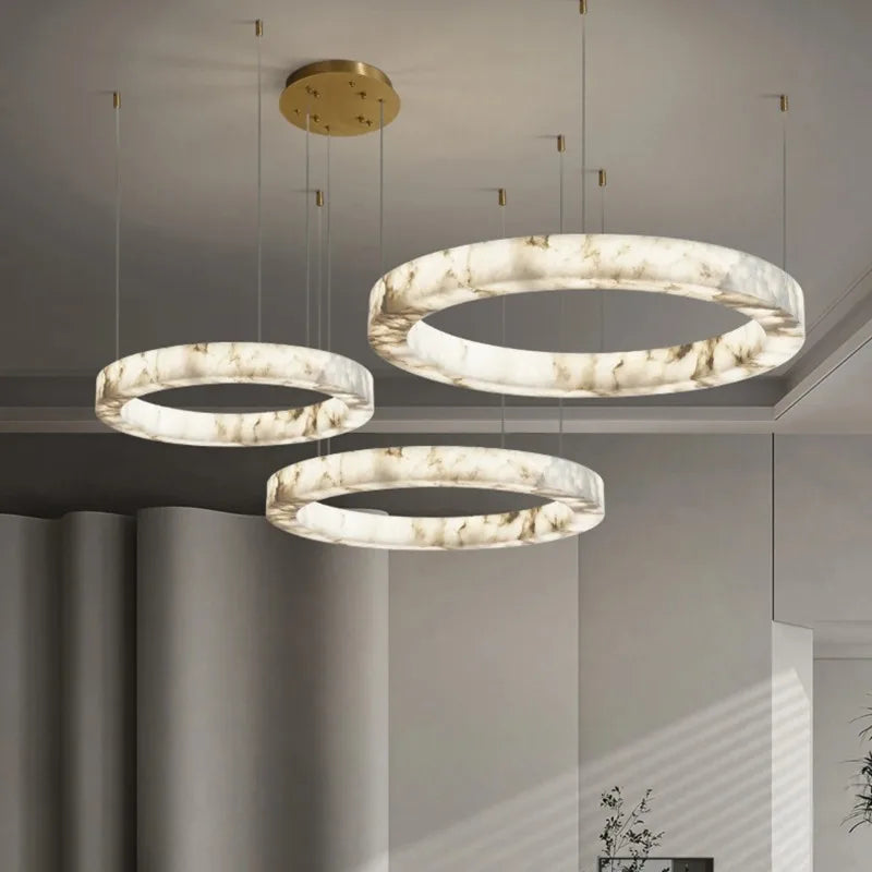 suspension lumineuse résine marbre moderne blanc chaînes salon chambre restaurant étude