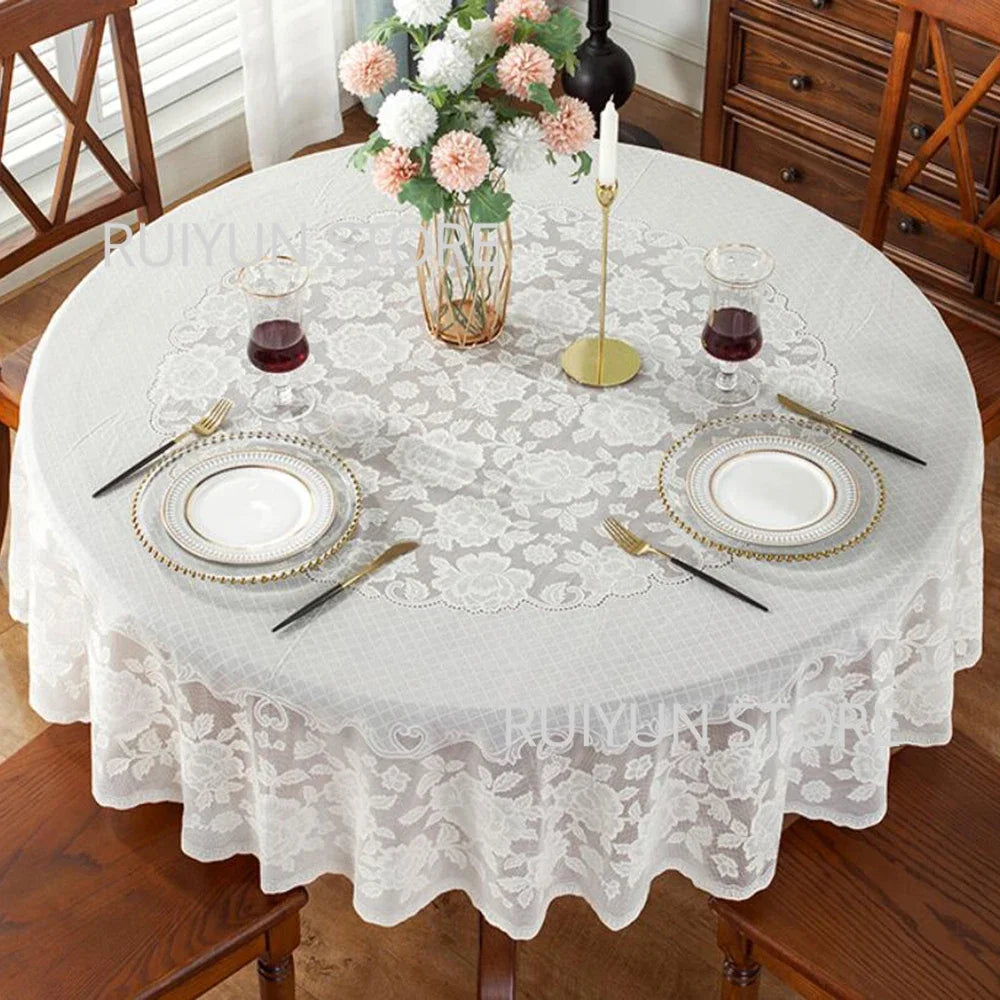 nappe table ronde blanche broderie florale classique imperméable fête mariage décoration maison