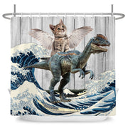 rideau douche dinosaure chat bleu blanc gris humour artistique japonais