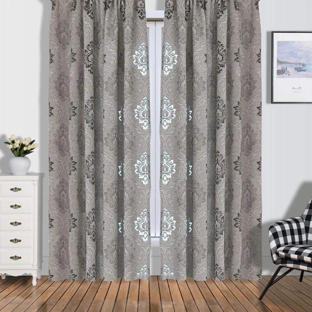 rideaux floral beiges gris clair classique semi opaques ruban décoratifextérieur fleur polyester Jacquard