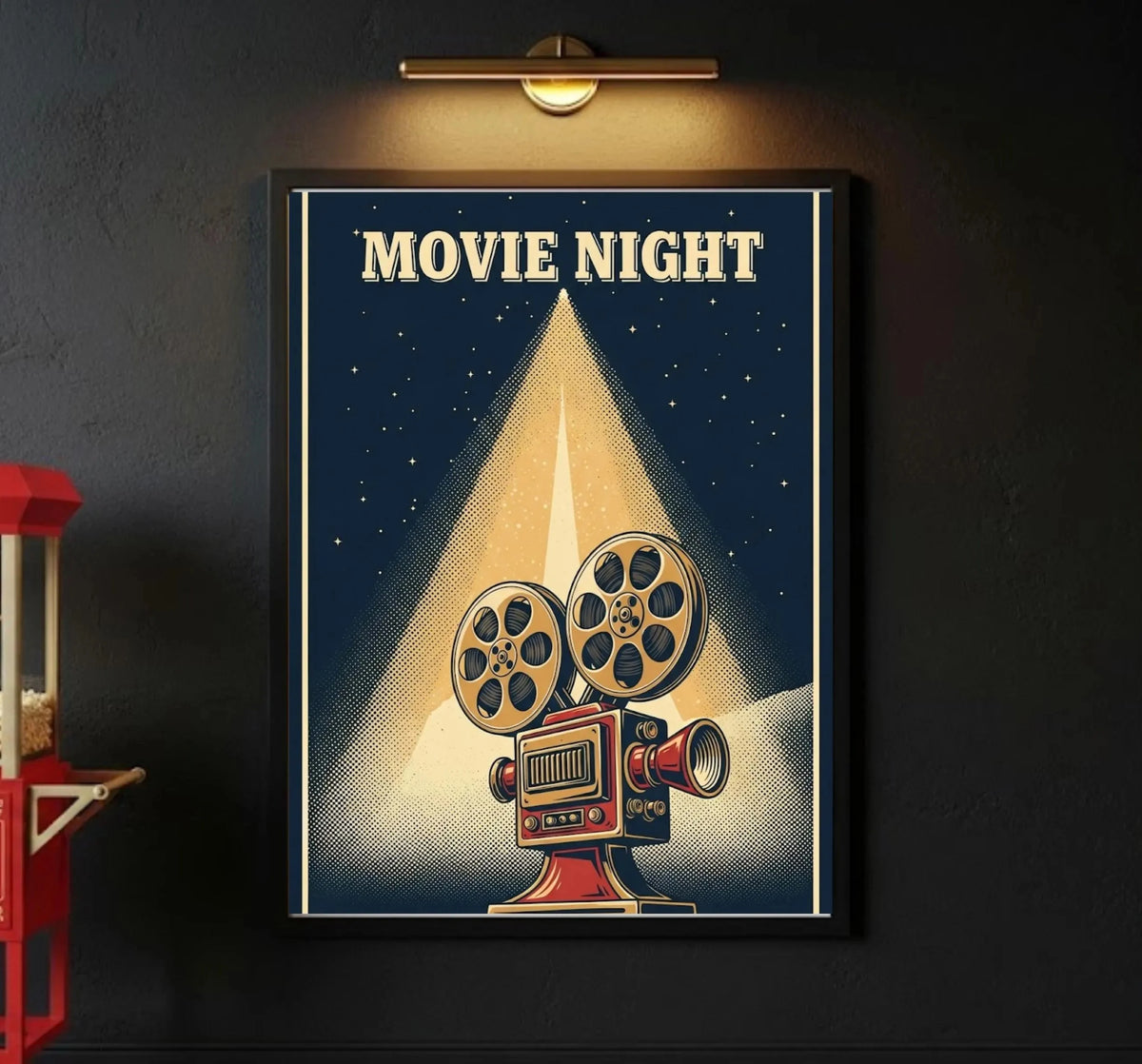 affiches murales vintage cinéma illustrations textes bleu nuit blanc rouge beige noir decoration maison