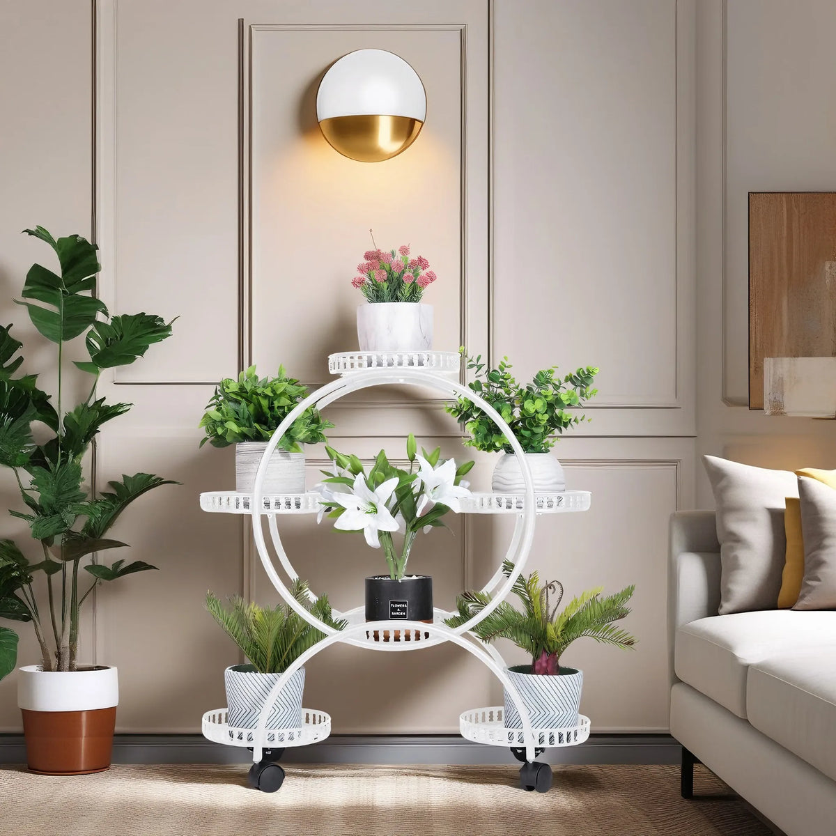 support fleurs roulettes robuste moderne noir blanc pot fleuri plante verte ajouré minimaliste