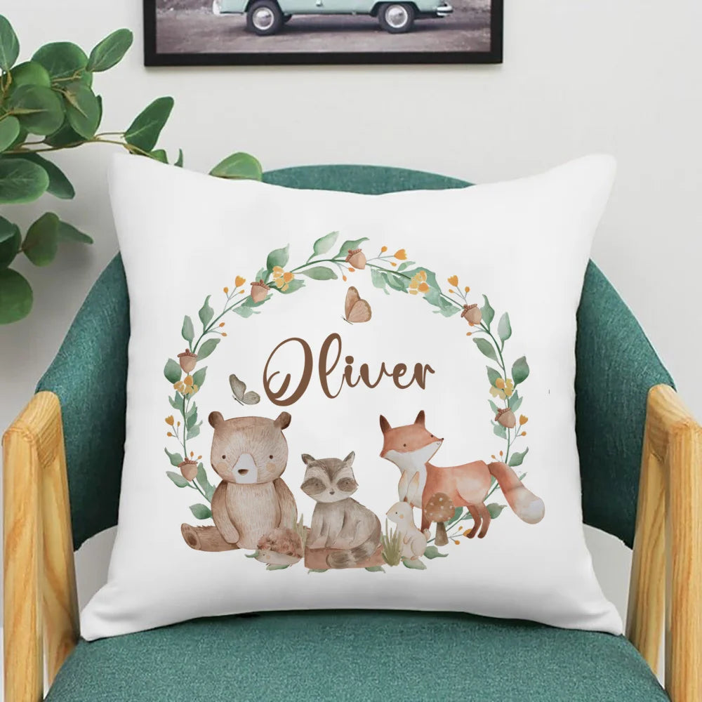 taies d'oreiller animaux forest enfants nom personnalisable illustration blanche festive