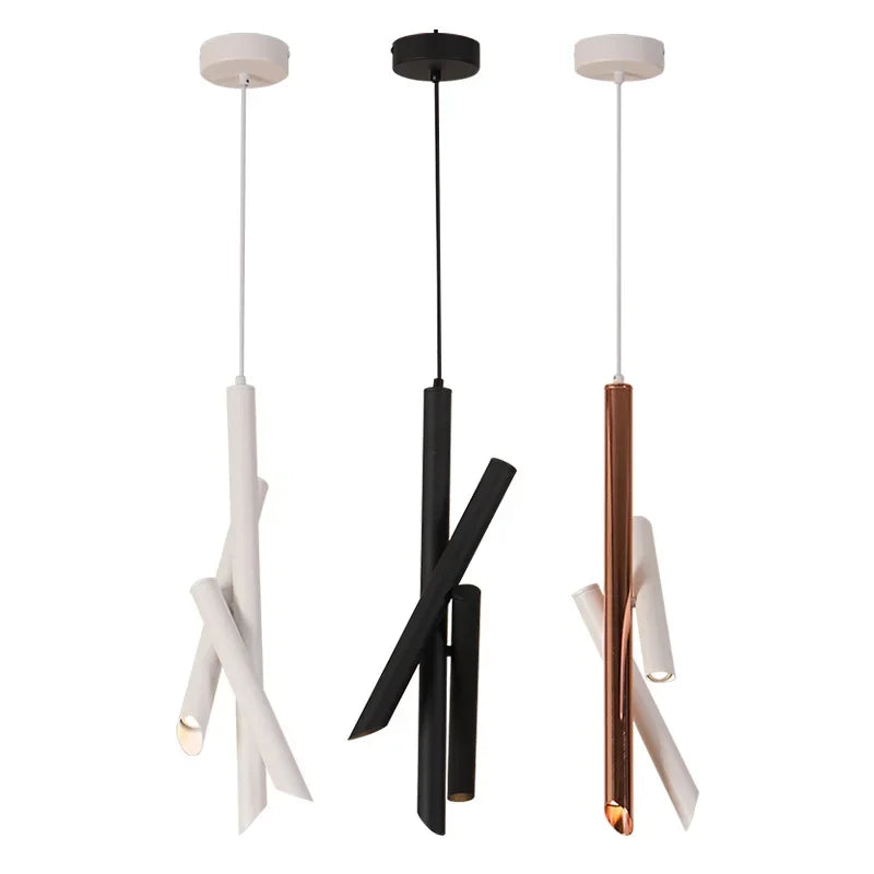 Suspension lumineuse moderne cuivre branches stylisées câble suspendu blanc noir minimaliste