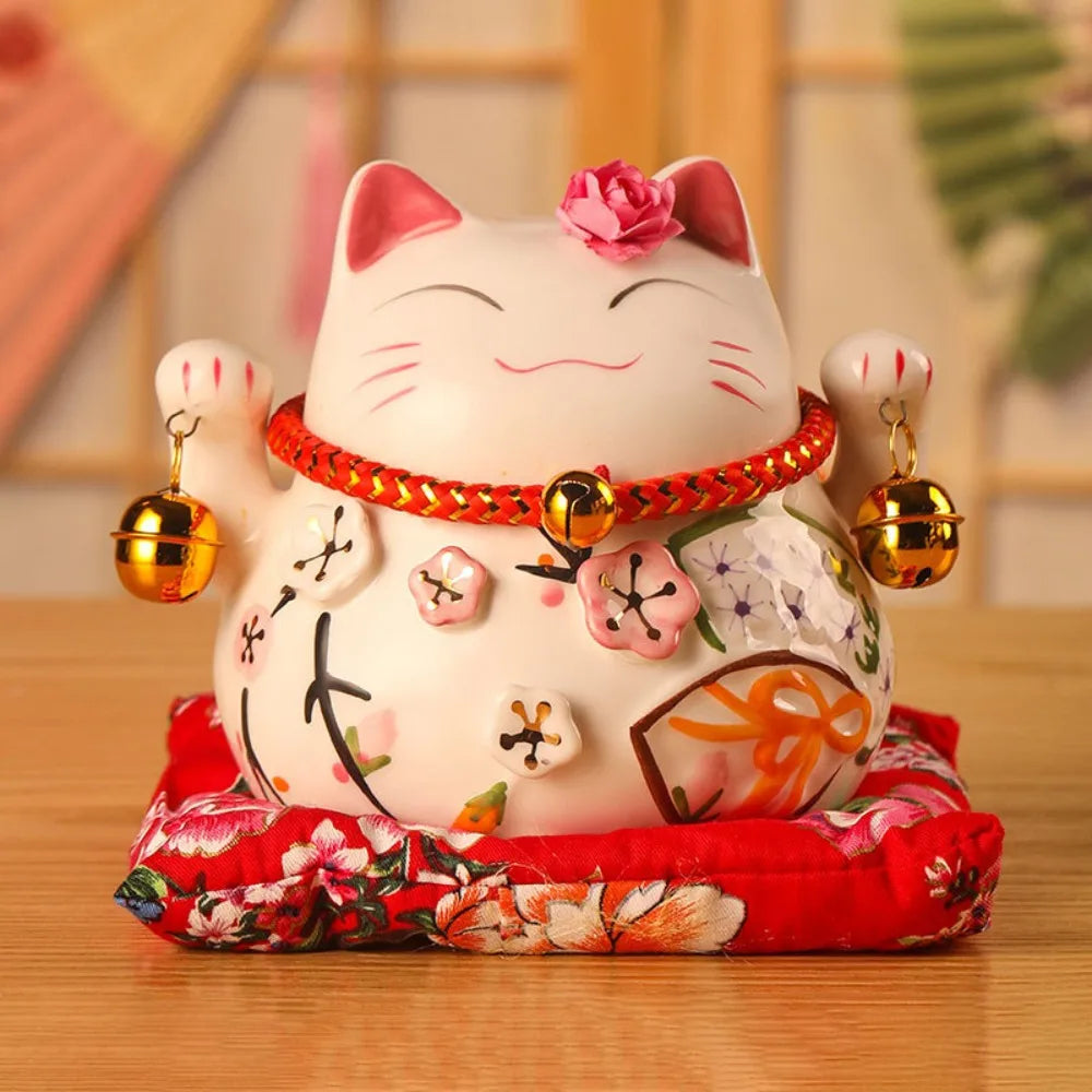 tirelire chat artisanale fleurs symboles traditionnels blanc rouge or rose